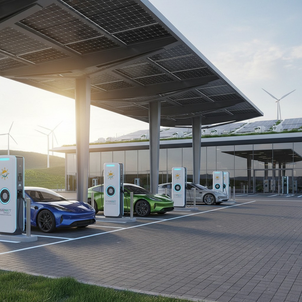 Coches eléctricos cargándose en una estación moderna con paneles solares en el techo y aerogeneradores al fondo.